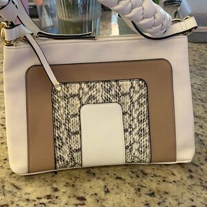 Alfani Colorblock Snake Print Shoulder Bag White Tan Gold